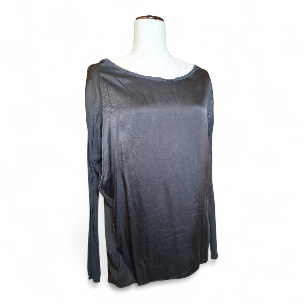 Vince Women's Charcoal Silk Front Round Neck Long Sleeve Blouse XS